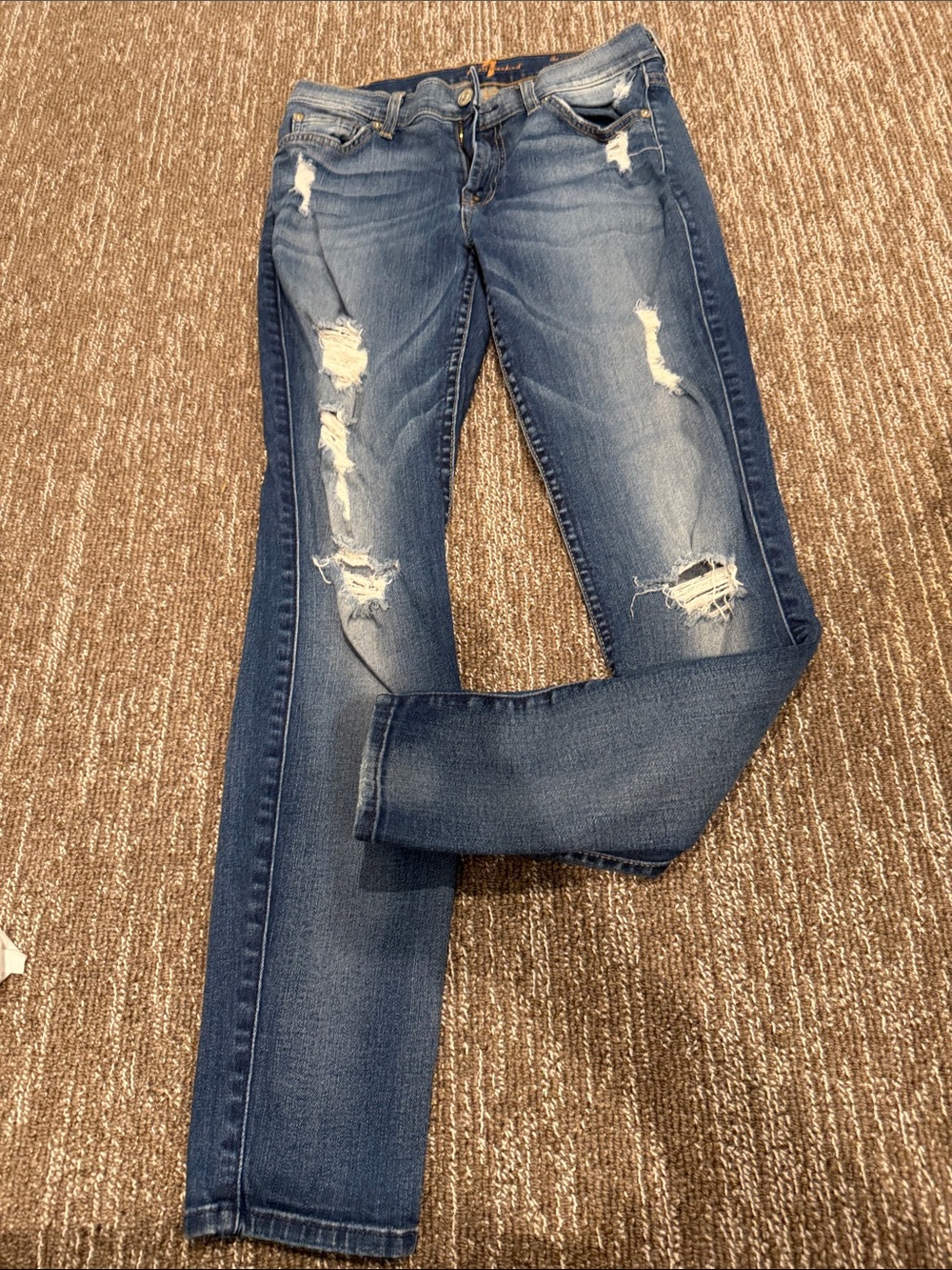 7 For All Mankind Medium Blue Distressed Skinny Jeans